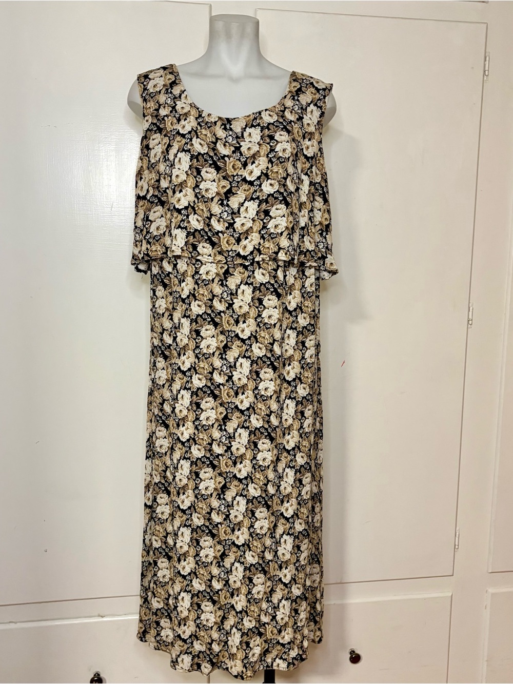 Vintage 90s More Jazz Rayon Black Tan Floral Rose Print Maxi Dress Size 22